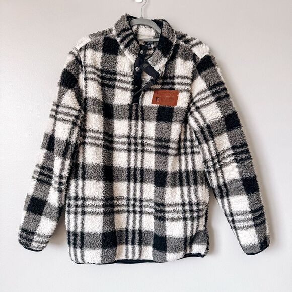 Home Tree Black and White Plaid Sherpa Pull Over Sweater Size Medium - Picture 1 of 5